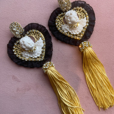 Orecchini cuore con angelo e frange oro ✨