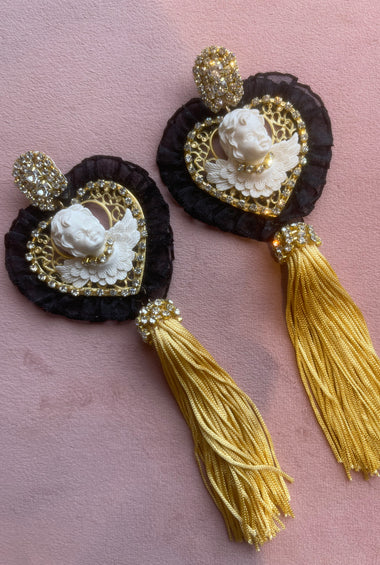 Orecchini cuore con angelo e frange oro ✨