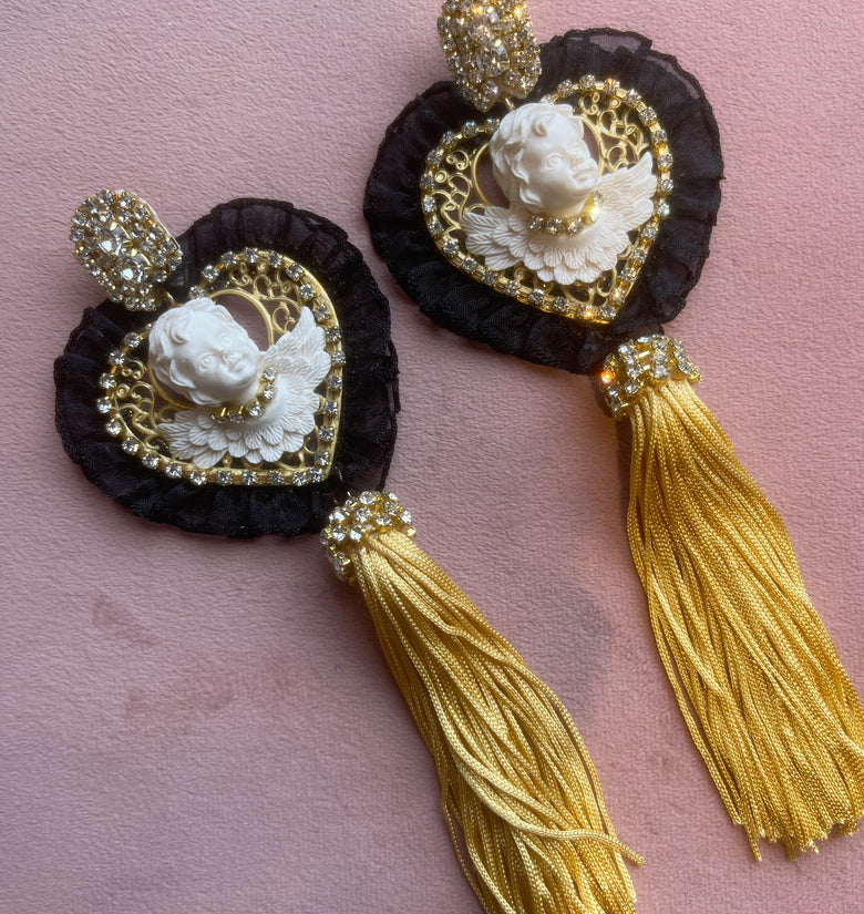 Orecchini cuore con angelo e frange oro ✨