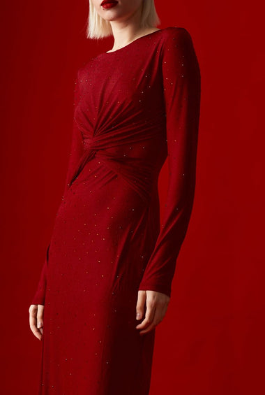 Abito lungo con strass rosso