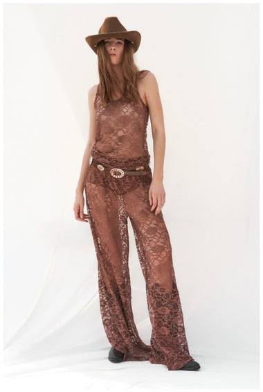 Pantalone gamba larga pizzo marrone